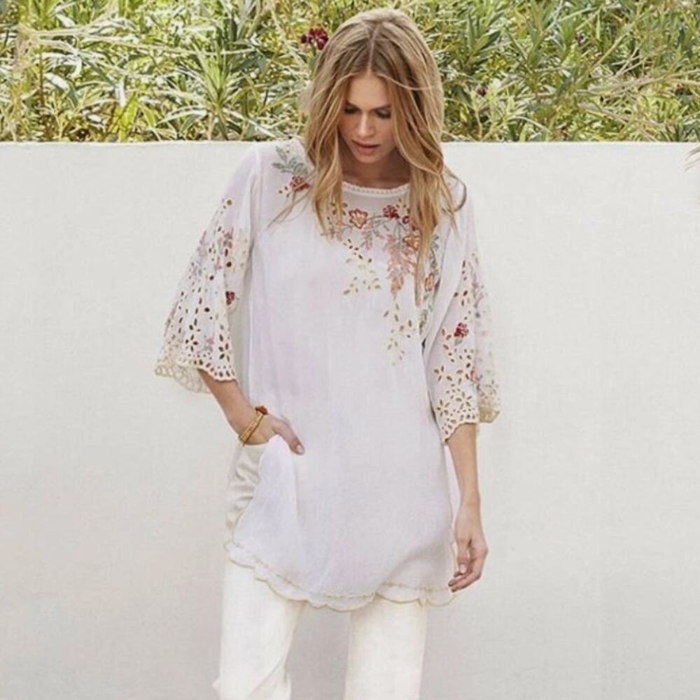 Johnny Was Belina Floral Embroidered Eyelet Detail Sheer Tunic Top White M